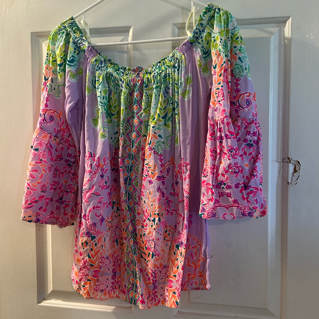 Lilly Pulitzer Lavender Off-Shoulder Floral Tunic With Pink & Green Accents